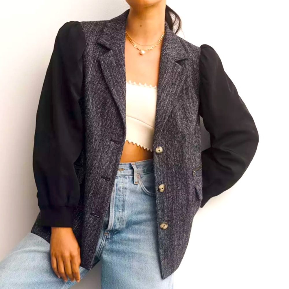 Maeve Anthropologie Mixed Media Charcoal Gray Oversized Blazer Like New